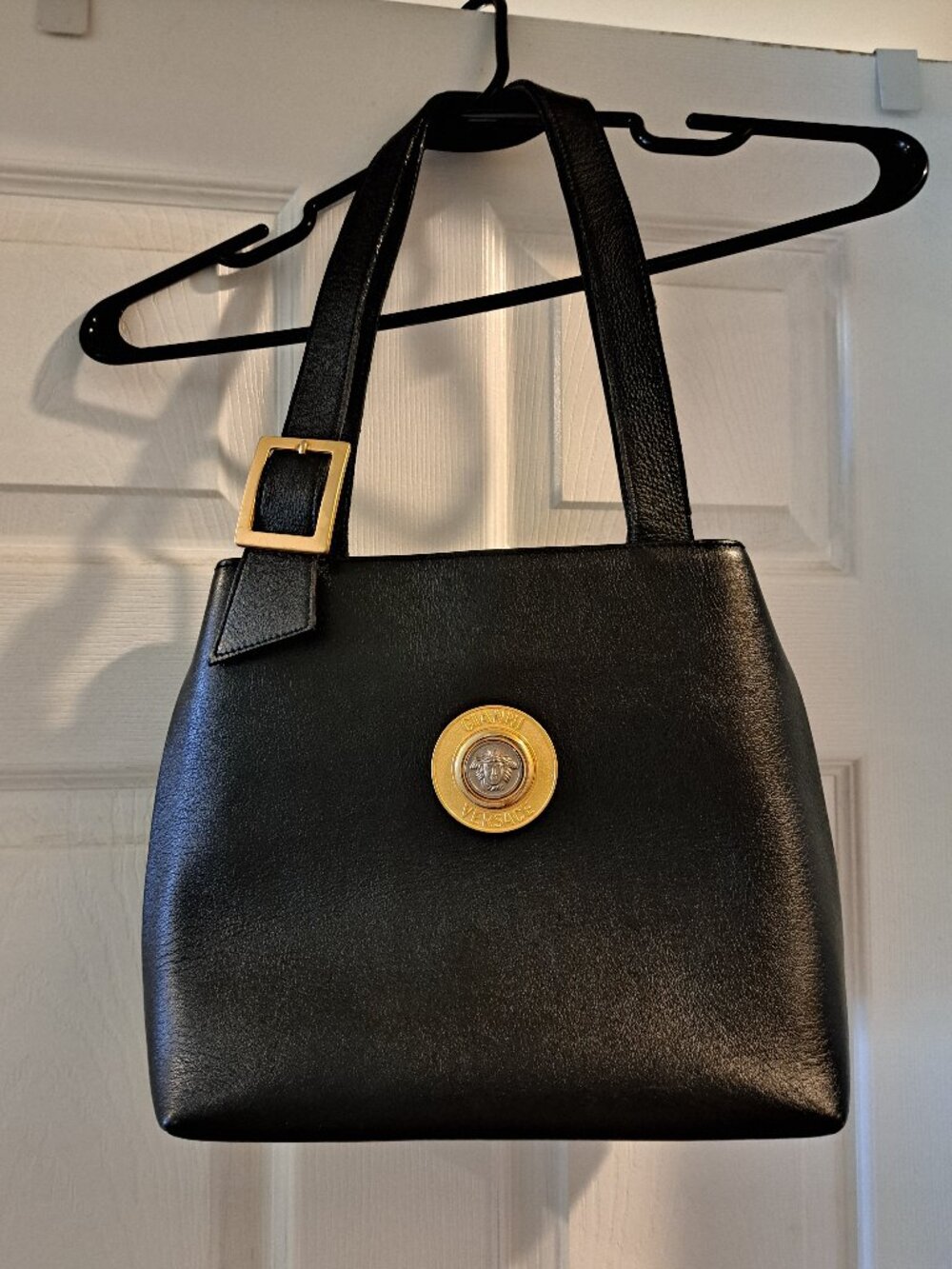 Versace Black Leather Shoulder Bag with Gold Medusa Emblem